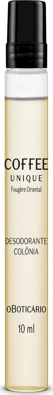 Frasco cilíndrico transparente com líquido amarelado tampa preta de Desodorante Colônia Coffee Man Unique em tamanho compacto de 10ml.