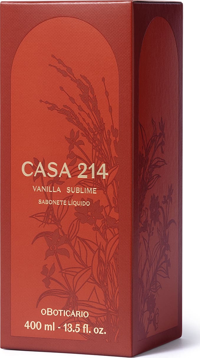 Caixa laranja escuro com letras douradas que traz um vidro de sabonete líquido Casa 214 Vanilla Sublime.