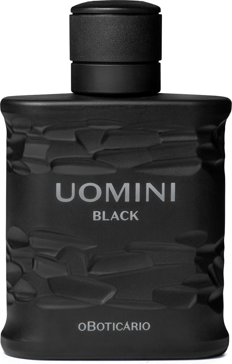 Frasco retangular preto com texturas onduladas, tampa preta e letras cinzas, contendo 100ml de desodorante colônia da marca Uomini Black.

