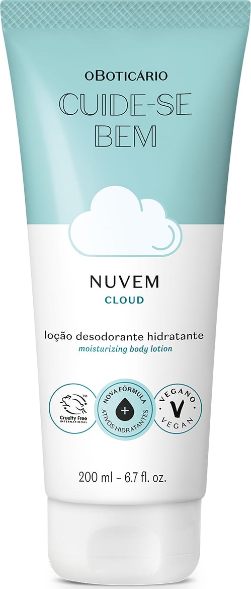 Imagem de um frasco de loção hidratante corporal da marca Cuide-se Bem Nuvem, em embalagem branca e azul. e rótulo na cor azul claro, com nuvem estilizada.