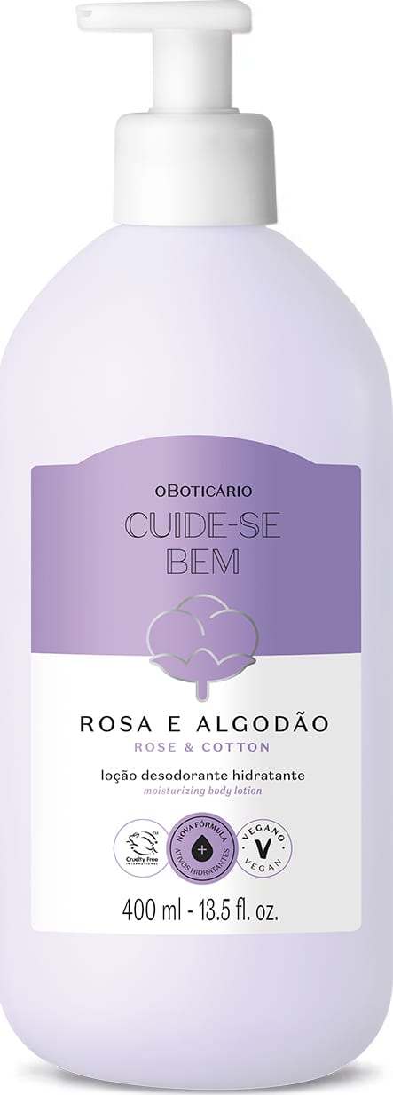 Frasco de 400ml na cor branca com rótulo lilás e branco com ilustração de uma flor de algodão contendo loção hidratante corporal Cuide-se Bem Rosa e Algodão.
