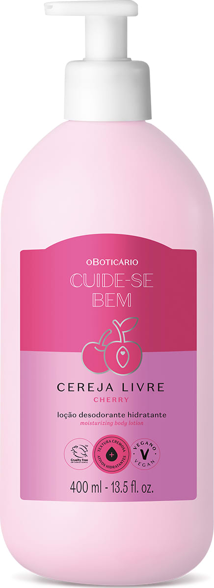 Frasco branco com bomba dosadora e rótulo nas cores rosa e lilás com cerejas ilustradas contendo 400ml de loção hidratante corporal Cuide-se Bem Cereja Livre.