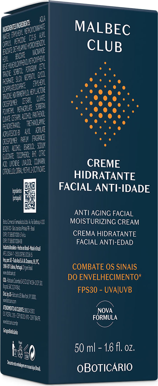 Caixa azul marinho com letras brancas e douradas contendo um frasco creme hidratante facial anti-idade da marca Malbec Club.