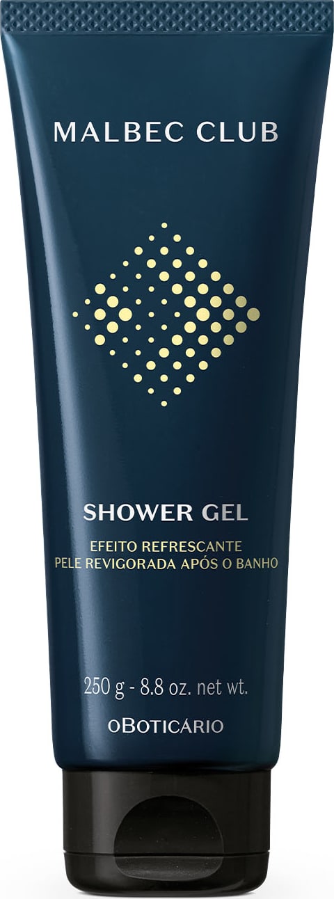 Bisnaga azul marinho com tampa preta, letras brancas e detalhe amarelo contendo 250g de shower gel cabelo e corpo da marca Malbec Club.