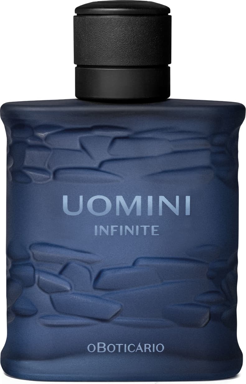Frasco retangular azul marinho com texturas onduladas, tampa preta e letras com degradê em tons de azul, contendo 100ml de desodorante colônia da marca Uomini Infinite.