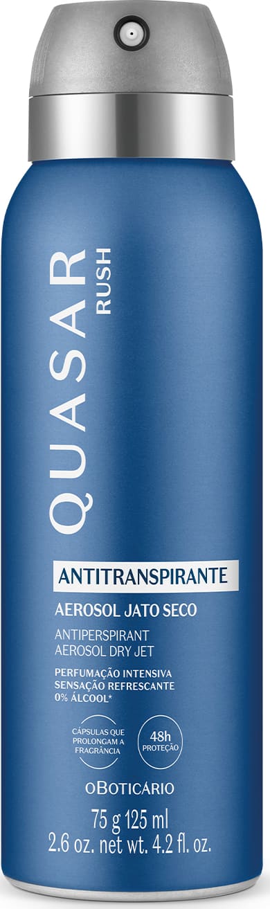 Frasco azul com rótulo e tampa nas cores prata e cinza contendo 75g/125ml de desodorante antitranspirante aerossol Quasar Rush.