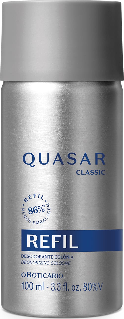 Refil de desodorante colônia Quasar Classic em frasco prateado com detalhes e letras azuis, contendo 100ml do produto.