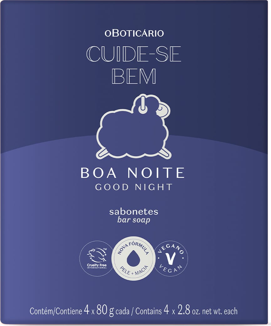 Caixa azul marinho com letras azuis, detalhe branco e ovelhinha ilustrada contendo quatro sabonetes em barra de 80g cada da marca Cuide-se Bem Boa Noite.