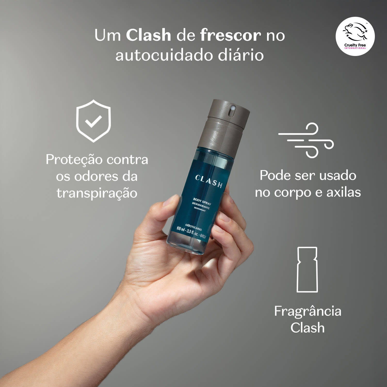 Embalagem de item de perfumaria da marca Clash sendo segurado por mão masculina sobre fundo cinza, onde se lê o texto em branco "Proteção contra os odores da transpiração" e "Pode ser usado no corpo e axilas".