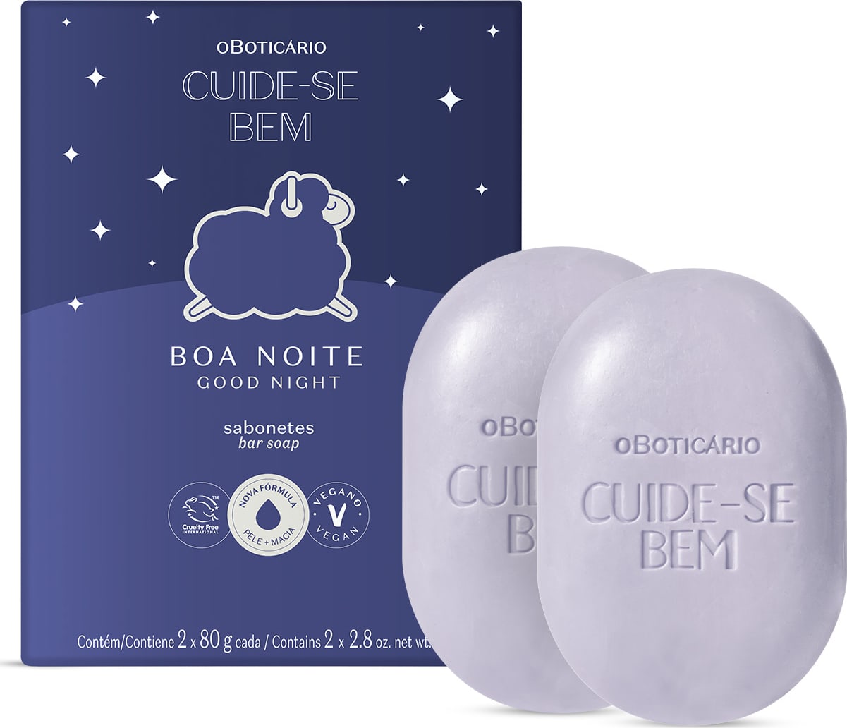 Caixa azul escura com pequenas estrelinhas e ovelha ilustrada ao lado de dois sabonetes em barra azuis contendo 90g cada um, da marca Cuide-se Bem Boa Noite.