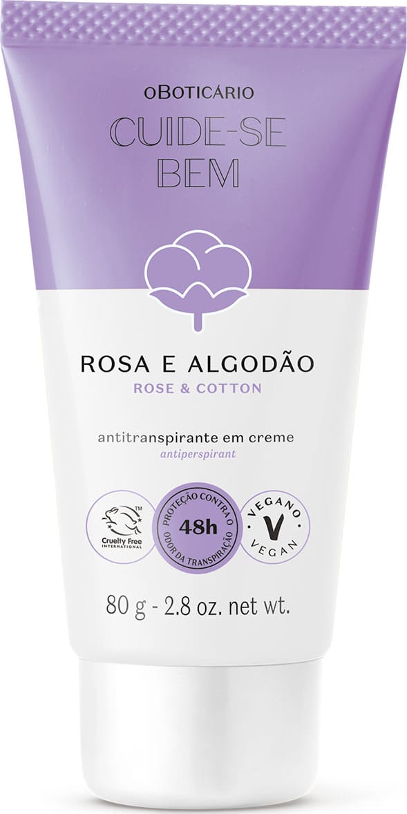 Bisnaga em tons de lilás e branco com flor de algodão ilustrada contendo 80g de antitranspirante em creme da marca Cuide-se Bem Rosa e Algodão.