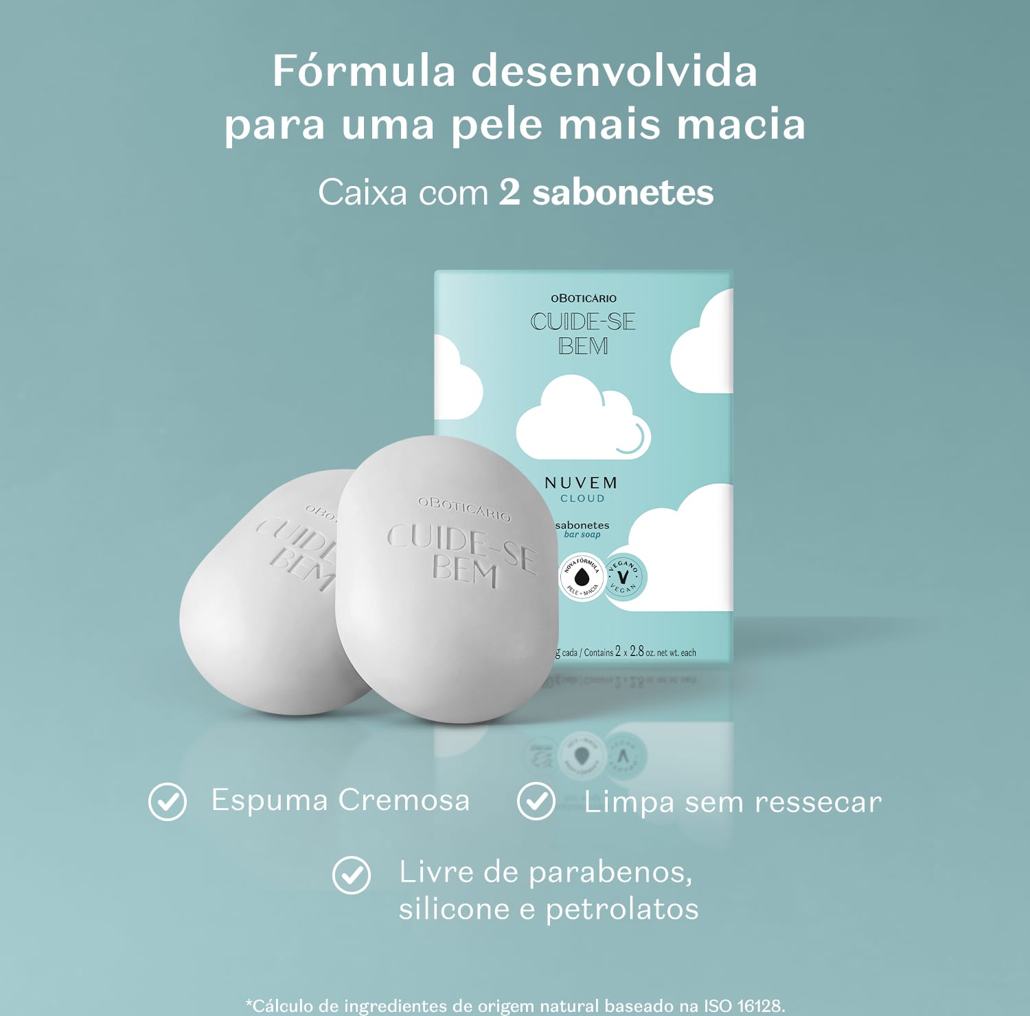 Caixa azul clara com ilustração de nuvens e letras pretas ao lado de dois sabonetes em barra azuis em formato ovalado da marca Cuide-se Bem Nuvem em um fundo azul com letras brancas informando as características do produto.