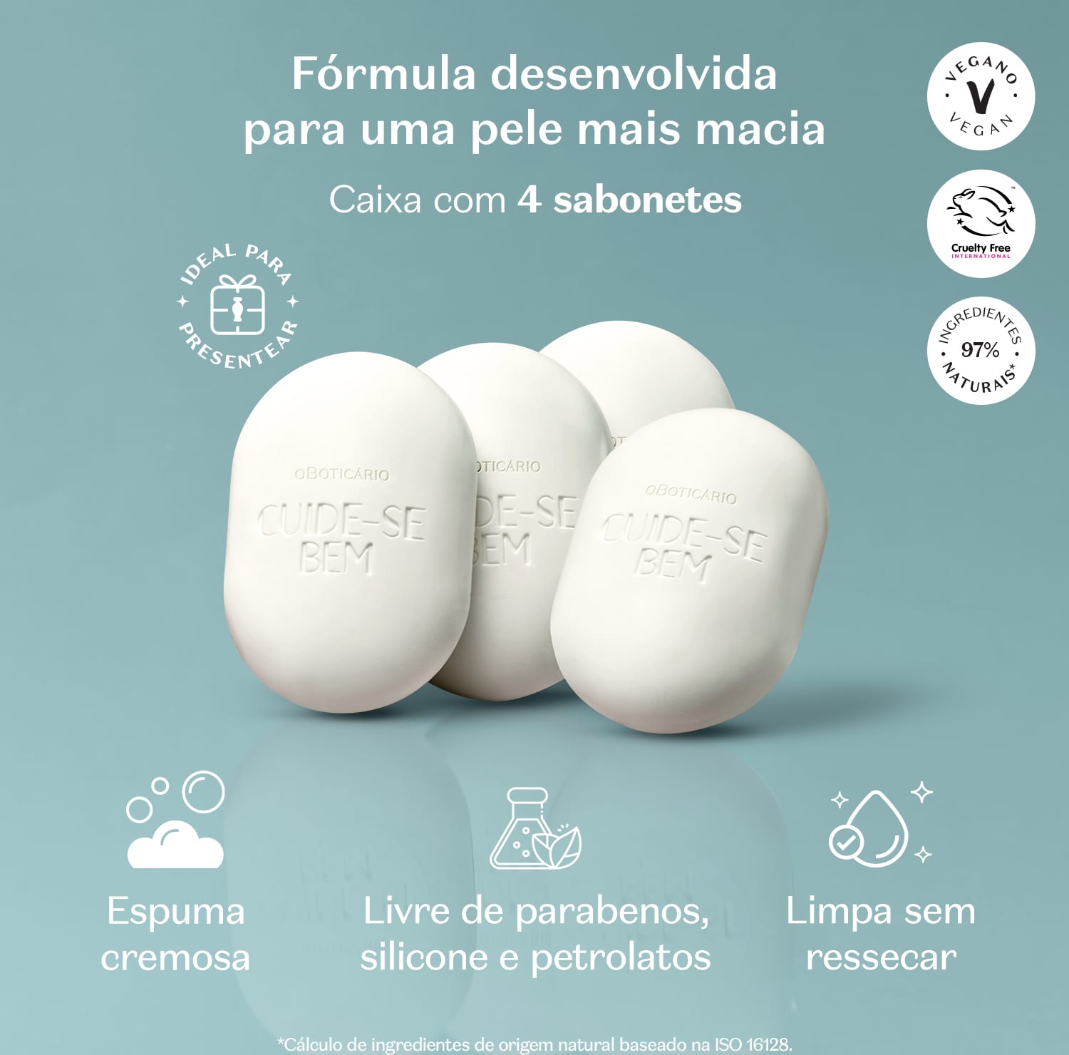 Quatro sabonetes em barra ovalados brancos da marca Cuide-se Bem Nuvem em fundo azul e letras brancas ao fundo informando as características e benefícios do produto.