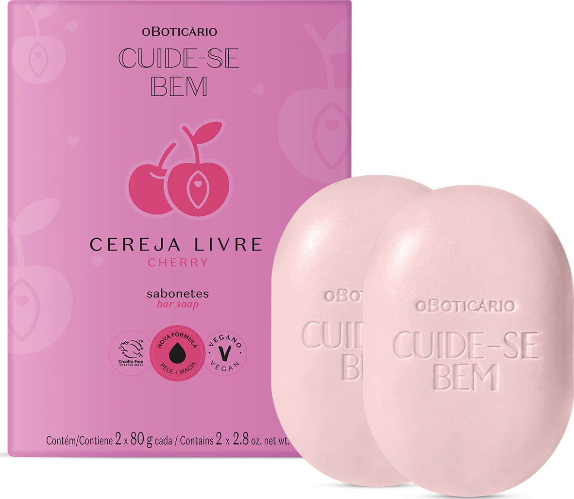Caixa roxa com letras pretas e cerejas rosa ilustradas ao lado de dois sabonetes em barra brancos em formato ovalado da marca Cuide-se Bem Cereja Livre, contendo 80g cada um.
