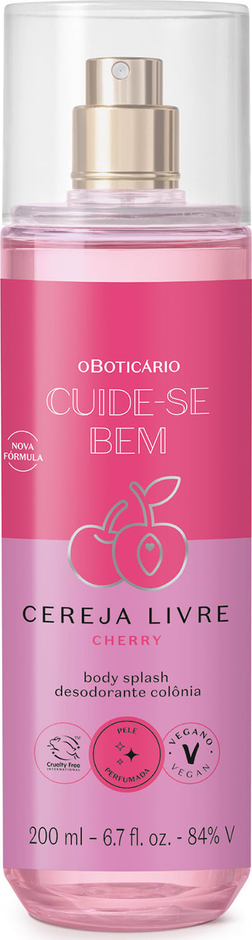 Frasco transparente com líquido rosa, pulverizador prateado, tampa transparente e rótulo rosa e lilás com ilustração de cerejas contendo 200ml de body splash Cuide-se Bem Cereja Livre.