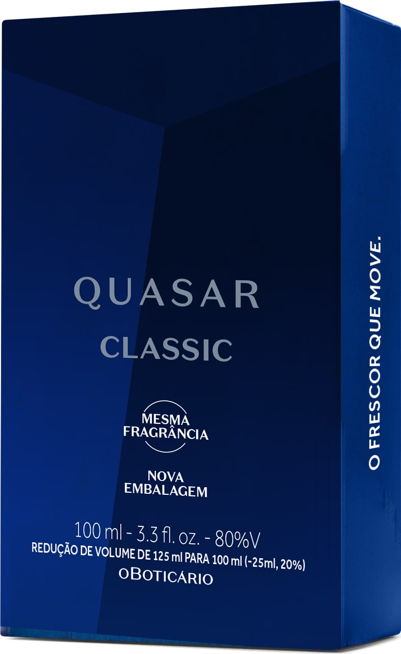 Caixa azul escuro com letras brancas contendo um vidro de desodorante colônia Quasar Classic.