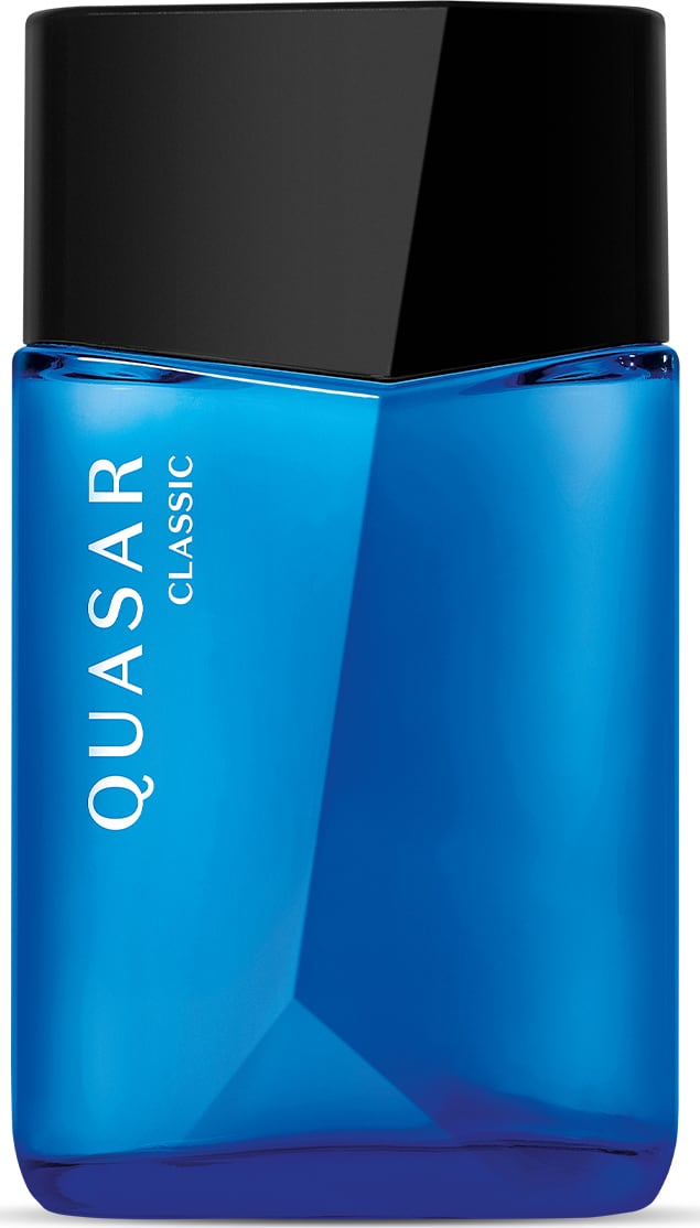 Vidro azul com tampa preta, ambos em formato geométrico e letras brancas no rótulo contendo 100ml de desodorante colônia Quasar Classic.
