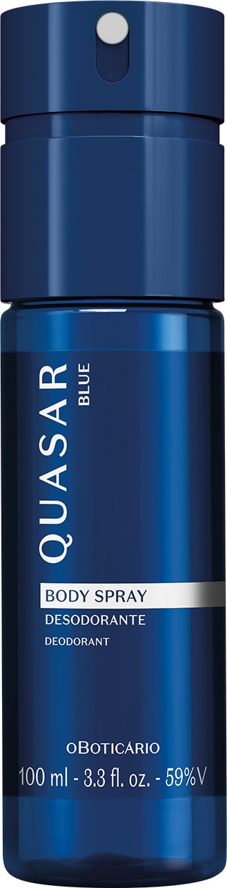 Frasco azul marinho com letras amarelas e detalhe branco contendo 100ml de body spray desodorante da marca Quasar Blue.