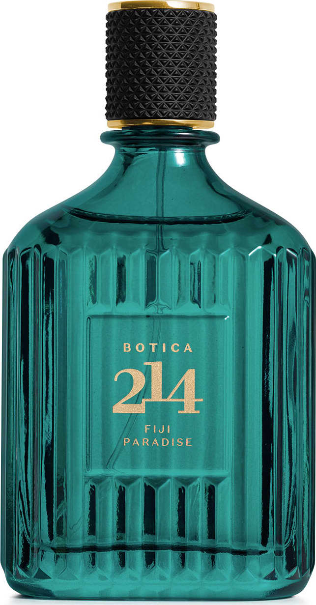 Vidro retangular azul com textura ondulada, tampa preta e letras douradas contendo 90ml de Eau de Parfum Fougére Especiado da marca Botica 214 Fiji Paradise.