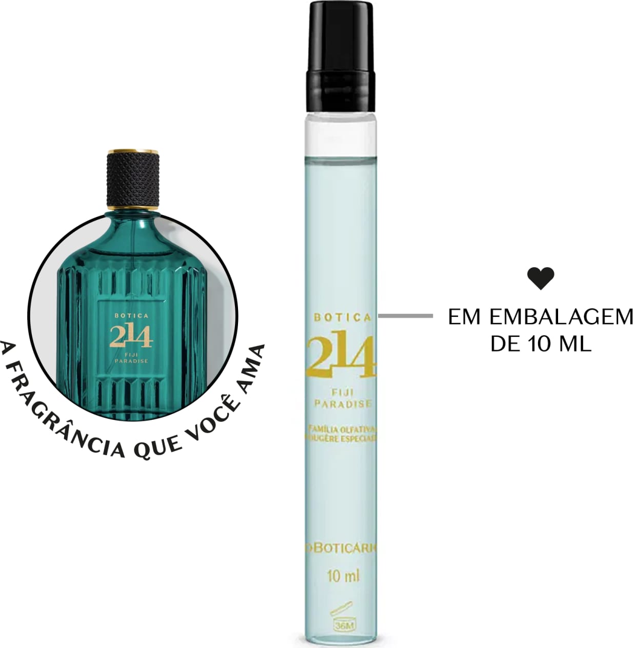 Vidro cilíndrico transparente com líquido azul, tampa preta e letras douradas contendo 10ml de Eau de Parfum masculino Fougére Especiado da marca Botica 214 Fiji Paradise. Ao lado, um vidro verde com tampa preta e letras douradas da mesma fragrância.
