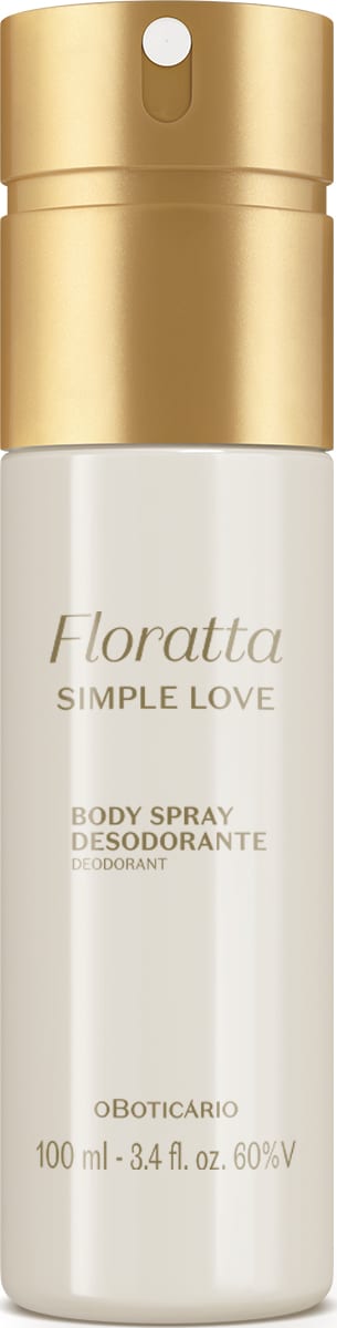 Frasco branco com tampa e letras douradas contendo 100ml de body spray Floratta Simple Love.