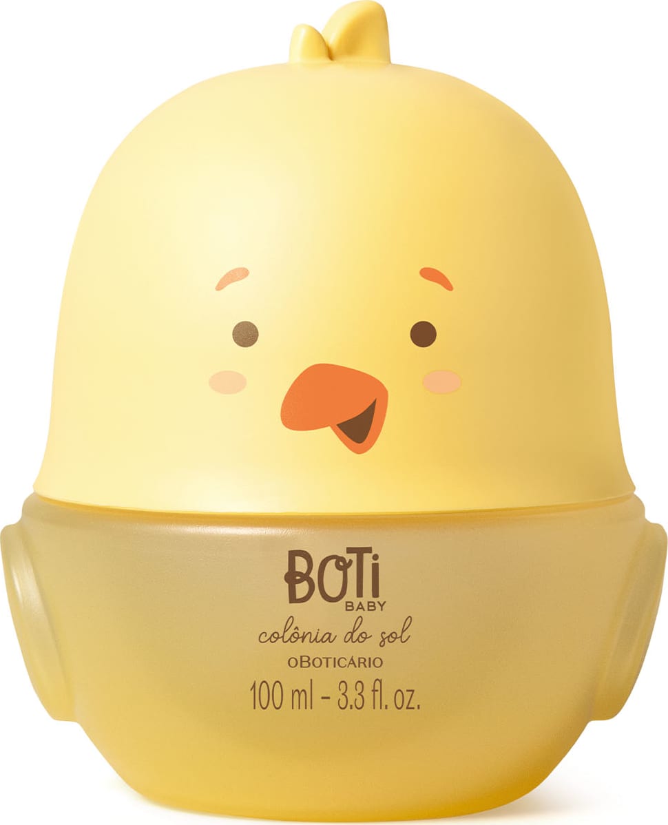 Frasco em formato de passarinho amarelo com parte superior na cor bege escuro e detalhes laranjas contendo 100ml de colônia do sol da marca Boti Baby.