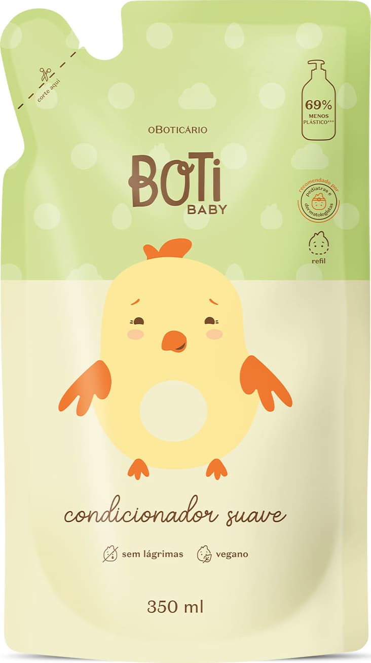 Refil de condicionador suave da marca Boti Baby em forma de sachê nas cores rosa e amarelo claro com ilustração de passarinho amarelo com detalhes laranjas.