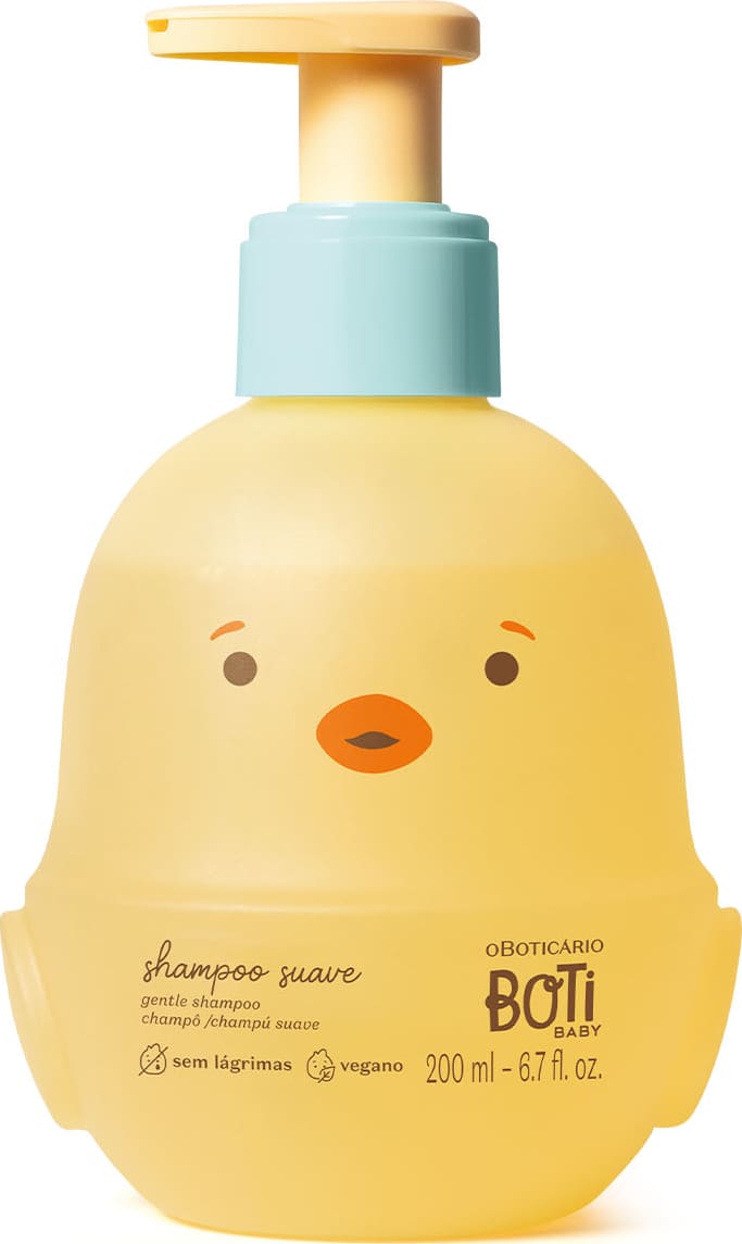 Frasco em forma de passarinho amarelo com detalhes laranjas, tampa azul e bomba dosadora amarela contendo 200ml de shampoo suave da marca Boti Baby.