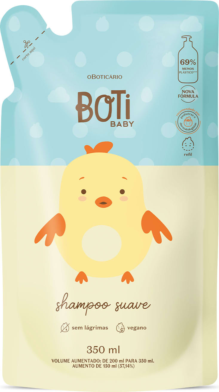 Refil de shampoo suave da marca Boti Baby em sachê de 350ml nas cores azul e amarelo claro com ilustração de passarinho amarelo.