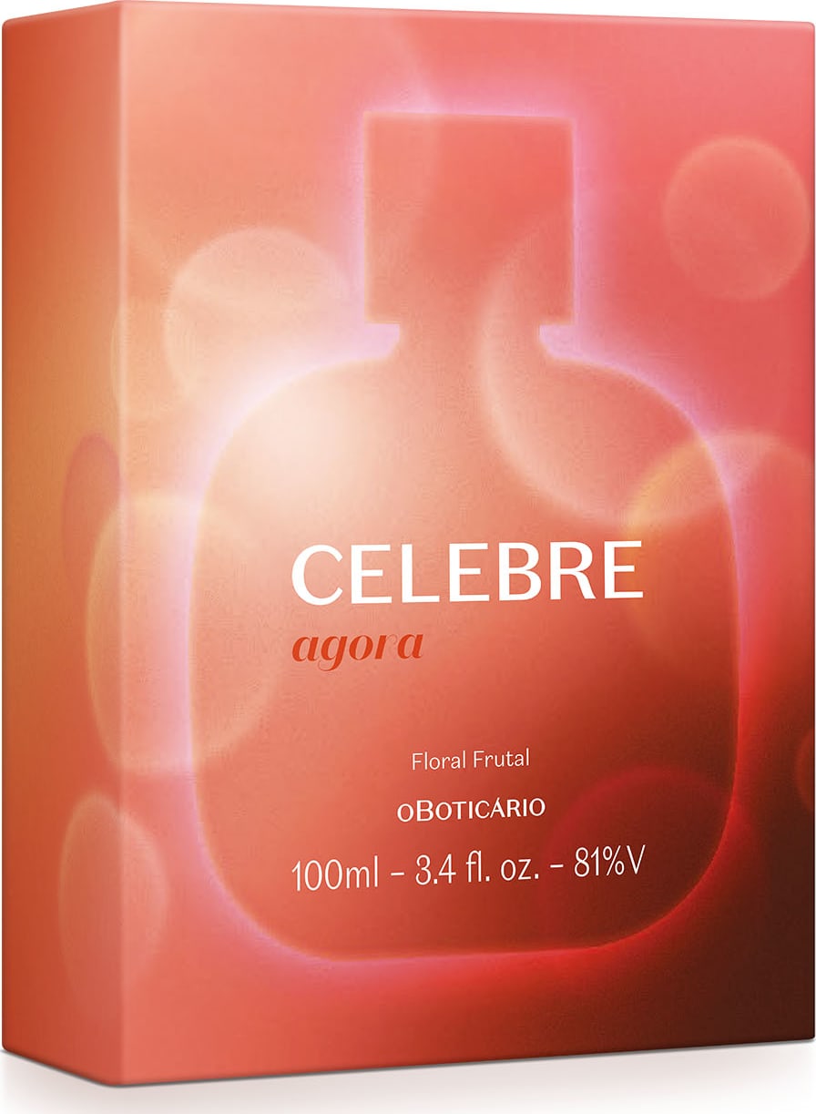 Caixa laranja mostrando a silhueta do item de perfumaria com um contorno iluminado e flashes brancos contendo um vidro de 100ml de desodorante colônia Celebre Agora Feminino.