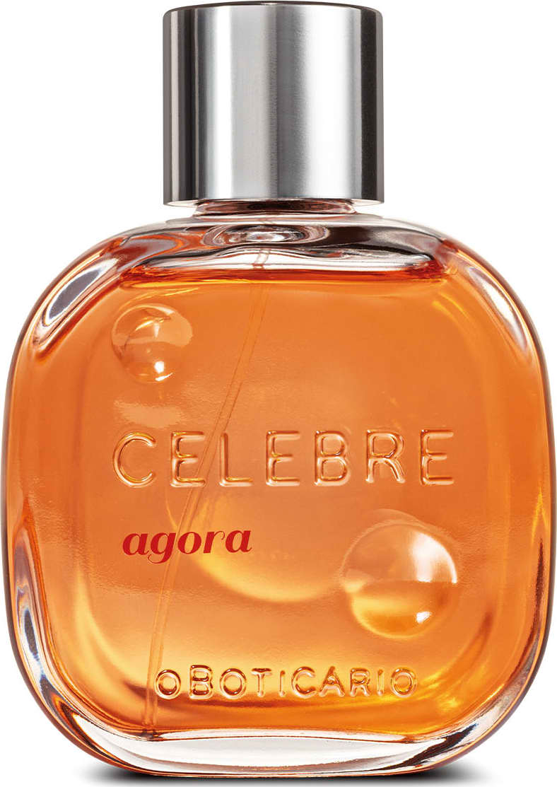 Frasco de vidro transparente com líquido laranja, tampa prateada e letras pretas e em relevo contendo 100ml de desodorante colônia Celebre Agora Feminino.