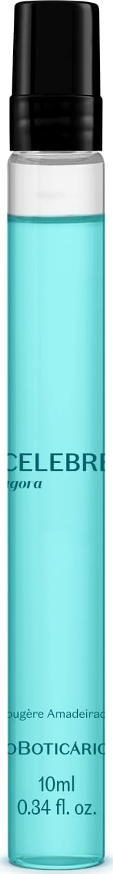 Frasco cilíndrico transparente com líquido azul, tampa e letras pretas, contendo 10ml de desodorante colônia Celebre Agora Masculino.