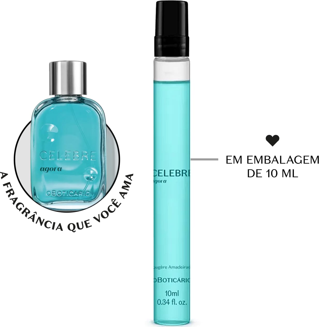 Frasco cilíndrico transparente com líquido azul, tampa e letras pretas, contendo 10ml de desodorante colônia Celebre Agora Masculino. Ao lado, em um círculo, é possível ver a embalagem original do produto em vidro com líquido azul e tampa prateada.
