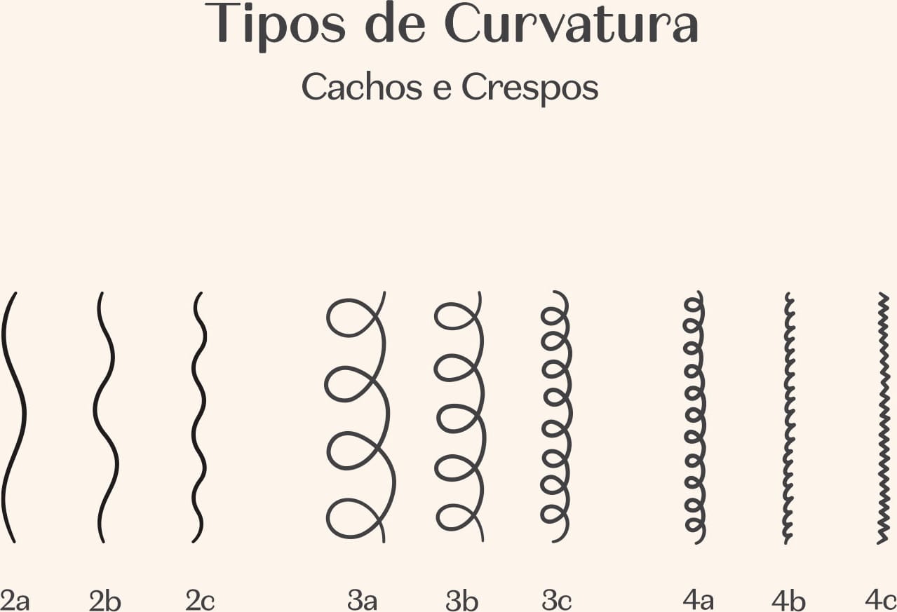 Imagem com ilustrações de diferentes tipos de curvatura de cachos e crespos, com legenda em português indicando os nomes de cada formato.