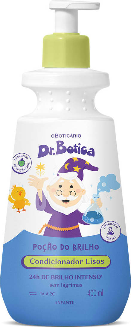 Imagem de frasco branco com bomba doseadora amarela e rótulo azul com ilustrações de personagens da marca Dr. Botica, contendo 400ml de condicionador infantil para cabelos lisos.