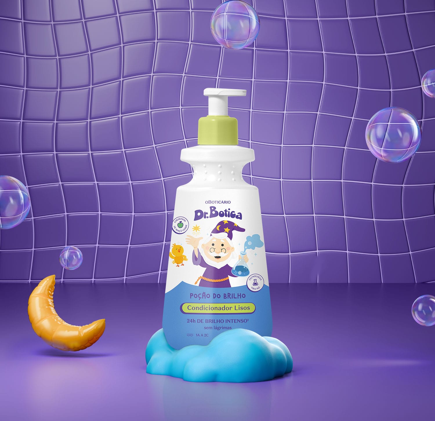 Imagem de uma embalagem branca e azul com válvula dosadora amarela de condicionador infantil para cabelos lisos da marca Dr. Botica em fundo azul simulando azulejo com lua, espuma e bolhas de sabão.
