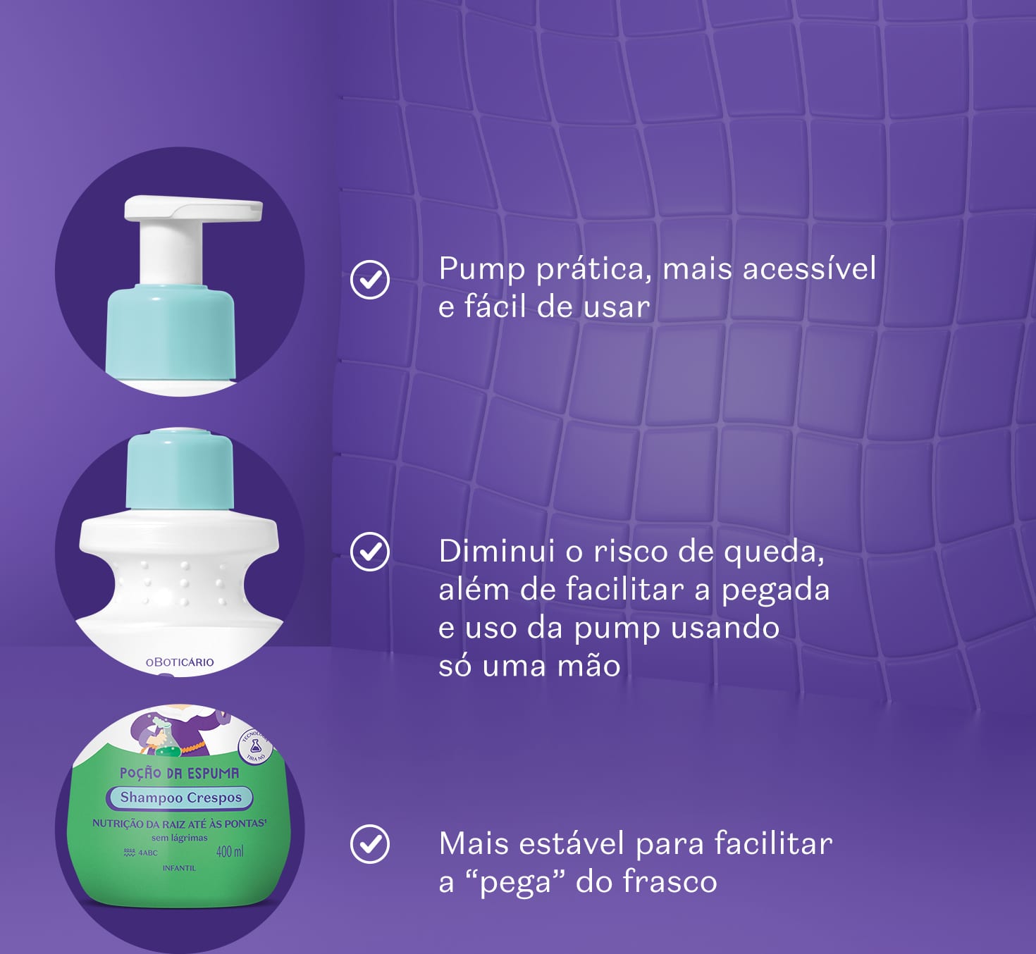 Imagem de várias partes da embalagem do shampoo infantil para cabelos crespos Dr. Botica, com texto em letras brancas explicando cada uma delas.