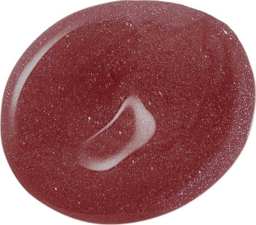 Textura gelatinosa e de cor marrom do gloss labial na cor Marrom Nude 115 da marca Intense, com aparência brilhante e de alta pigmentação, espelhada sobre superfície branca.