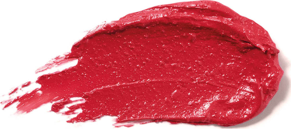 Textura cremosa e brilhante do batom glossy na cor Vermelho Raspyberry da marca Make B. A aparência é brilhante e leve e está espalhada em superfície branca.