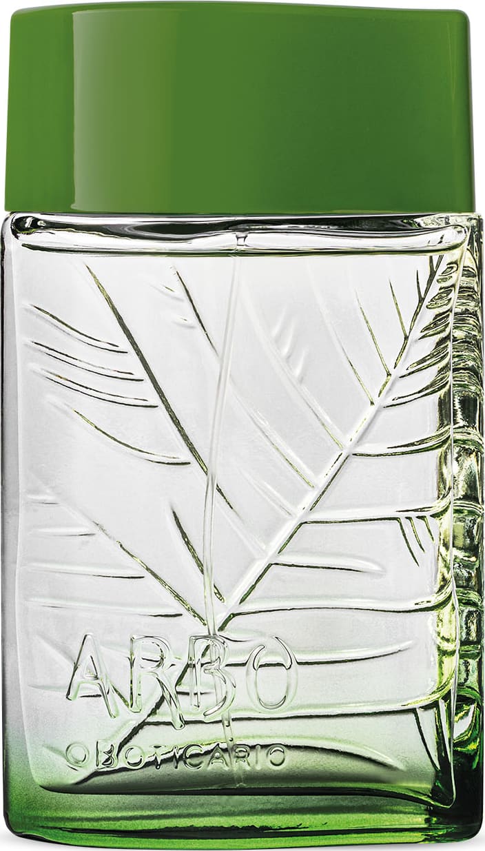 Frasco verde transparente com líquido claro, folhagens em relevo e tampa verde escuro contendo 100ml de desodorante colônia Arbo Puro.