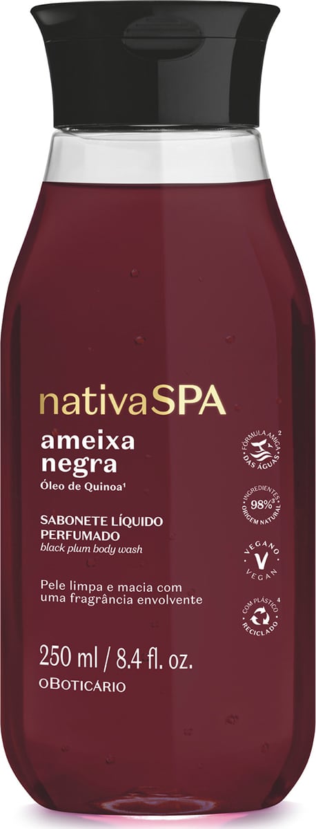 Sabonete líquido perfumado da linha Nativa SPA, com óleo de quinoa. Embalagem plástica transparente com tampa preta, contendo 250 ml do produto de cor vinho. Também apresenta selos indicando vegano e 98% de origem natural.