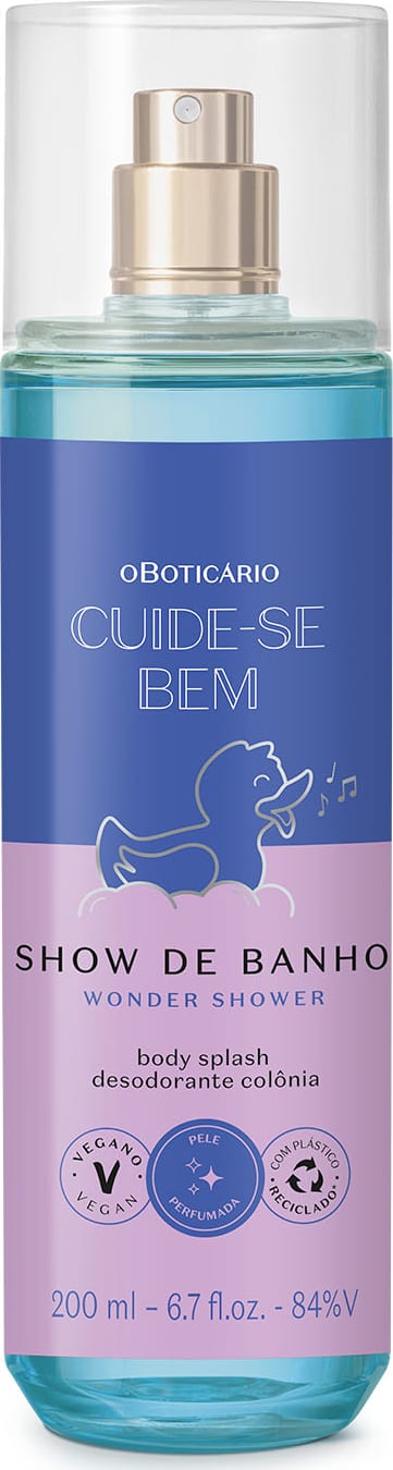 Frasco cilíndrico transparente com líquido azul, pulverizador prateado, tampa transparente e rótulo azul e lilás com patinho de banho ilustrado contendo 200ml de body splash da marca  Cuide-se Bem Show de Banho.