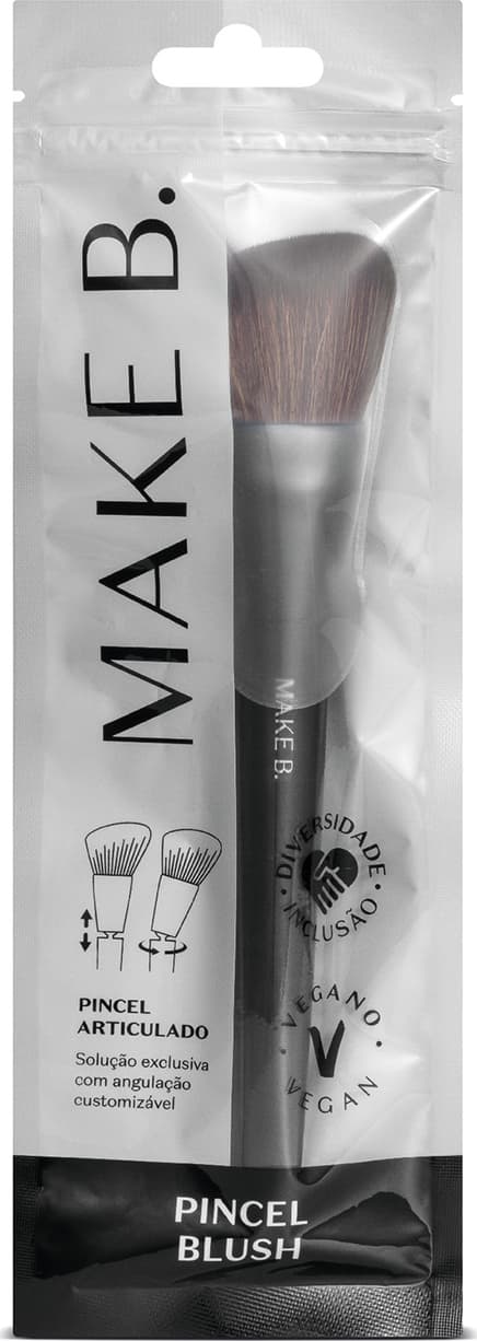 O produto é um pincel de maquiagem articulado da marca Make B. Vem embalado em uma embalagem plástica cinza e preta.