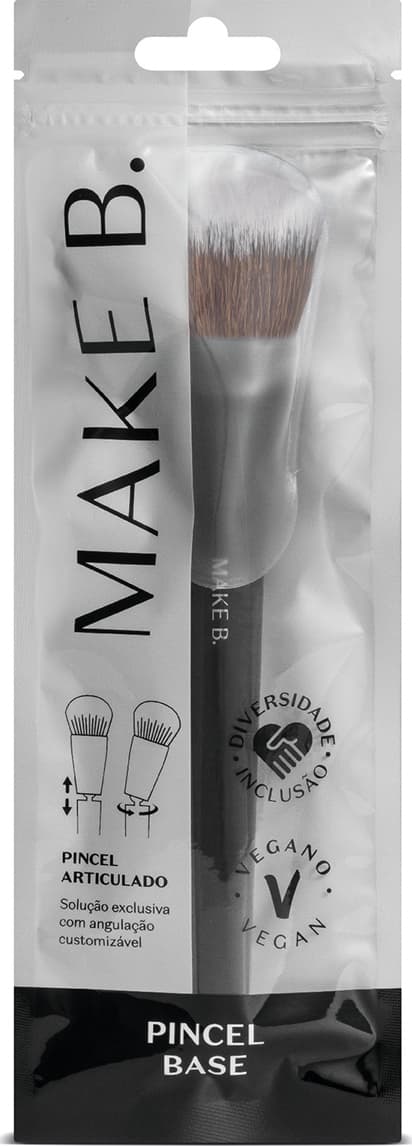O produto é um pincel de maquiagem articulado da marca Make B. Vem embalado em uma embalagem plástica cinza e preta.