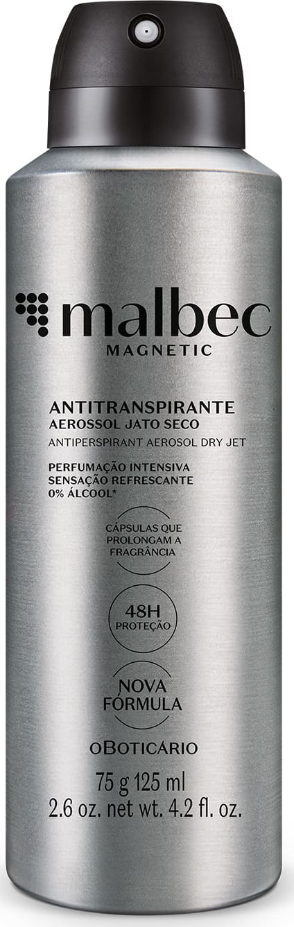 Imagem de um frasco de aerossol prateado com letras e tampa pretas da marca Malbec Magnetic, com rótulo indicando ser um desodorante antitranspirante de jato seco com perfumação intensiva e sensação refrescante, sem álcool.