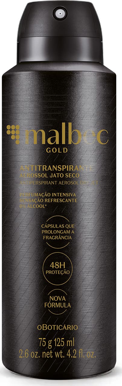 Imagem de um frasco preto de desodorante antitranspirante aerossol da marca Malbec Gold, com rótulo em dourado, contendo i75g/125ml de produto.