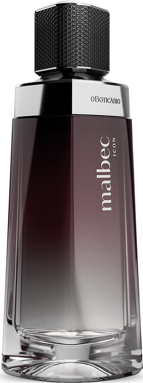 A embalagem tem um design moderno e elegante. O topo metálico preto texturizado traz um padrão geométrico sofisticado. A frente do frasco apresenta o nome da fragrância "Malbec" em letras minúsculas, seguido do logotipo "O Boticário".