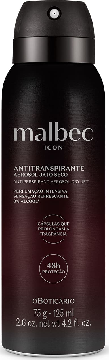 Frasco preto fosco com letras cinzas contendo 75g/125ml de antitranspirante aerossol jato seco da marca Malbec Icon.