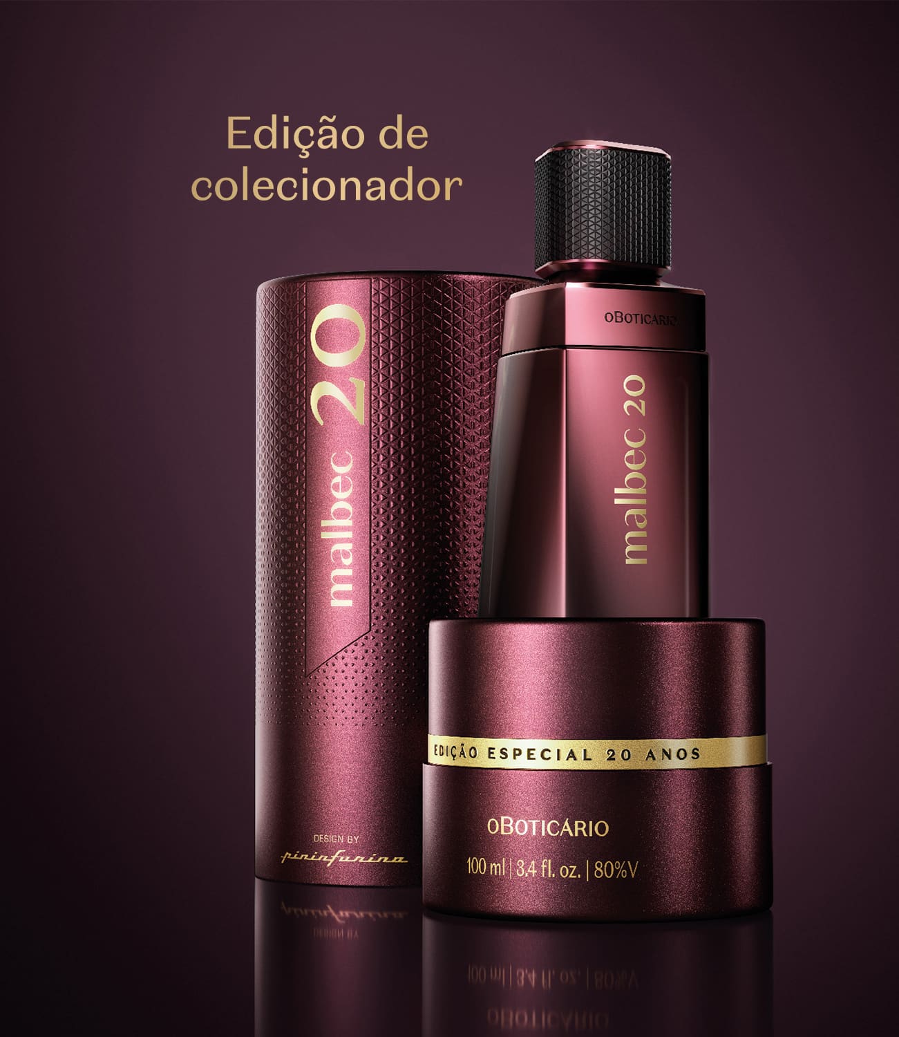 Edição de colecionador de desodorante colônia Malbec 20 Anos. Frasco de vidro vinho escuro e tampa preta informando edição especial de 20 anos em dourado. Embalagem com design elegante e luxuosa.