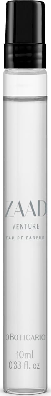 Frasco cilíndrico transparente com líquido azul claro, tampa preta e letras azuis contendo 10ml de Eau de Parfum Zaad Venture.
